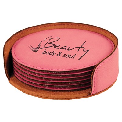 Pink Leatherette Round 6-Coaster Set