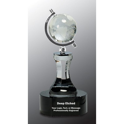 8 1/2" Crystal Spinning Globe with Clear Tower on Black Base Crystal Award