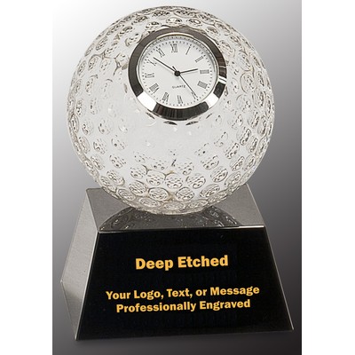 5" Clear Crystal Golf Ball Clock Award with Black Pedestal Base