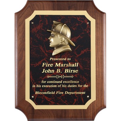 Walnut Notched Corner Fireman Plaque on Red Brass Plate, 9"x12"