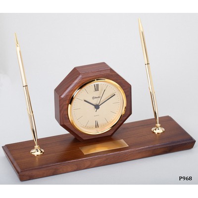 Walnut Piano Finish/Gold Desk Clock on Base with 2 Pens