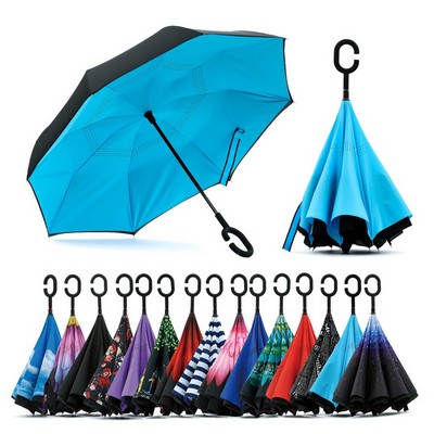 Windproof Upside Down Inverted Rain Umbrella with C-Shape Handle