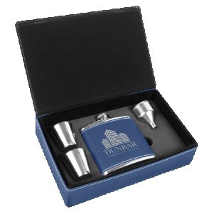 6 Oz. Blue/Silver Leatherette Flask Gift Set