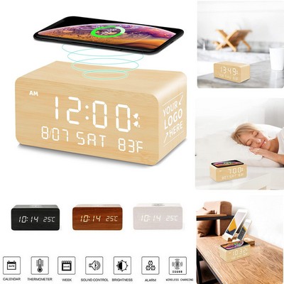 Digital Wooden Alarm Clock w/Wireless Charging