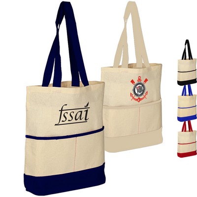 100% Cotton Canvas Sheeting Color Accent Tote Bag w/ Pocket USA Decorated (14.5" x 17")