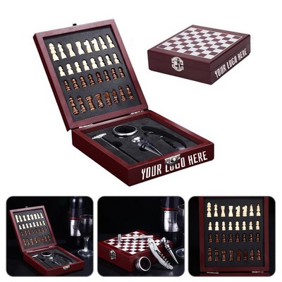 Wooden Box Wine Accessories W/ Chess Set