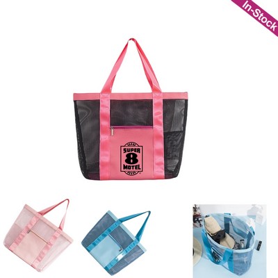 Foldable Mesh Beach Shoulder Bag with Front Zipper Pocket