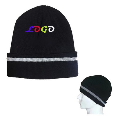 Adult Knit Cap with Reflective Trim With Full Color Printing