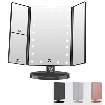 Trifold LED Lighted Mirror with Adjustable Brightness