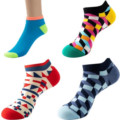 Jacquard Weaving Colorful Cotton Low-Cut Ankle Socks w/Customizable Designs 8.5"L,170-200 Needles