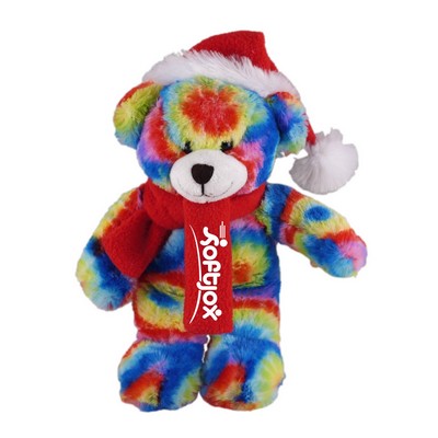 Soft Plush Stuffed Tie Dye Bear with Christmas Hat and Scarf