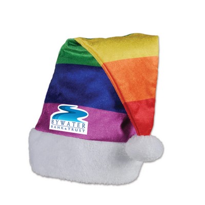 Rainbow Velvet Hat w/ Plush White Trim w/ Custom Shaped Heat Transfer