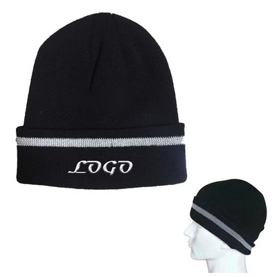 Adult Knit Cap with Reflective Trim With Embroidery