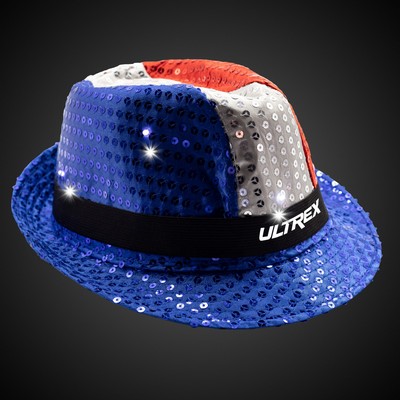 Patriotic Sequin LED Fedora w/Silk Screened Black Band