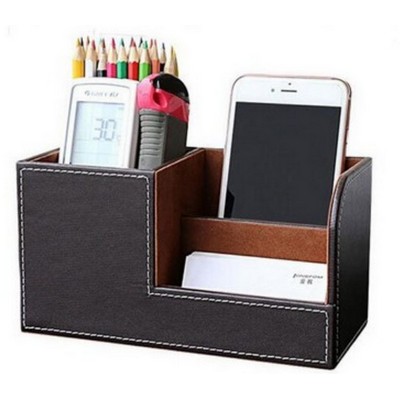 Multifunctional Business PU Leather Desk Pen Pencil Holder