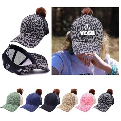 Leopard Vintage Crisscross Ponytail Mesh Baseball Cap