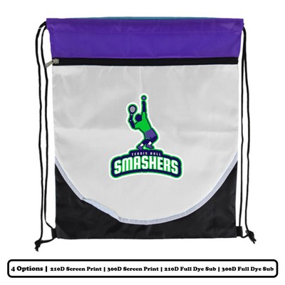 Multi-Panel Polyester Drawstring Bag w/ Horizontal-Zip Rounded-Bottom Pocket w/ Custom Logo