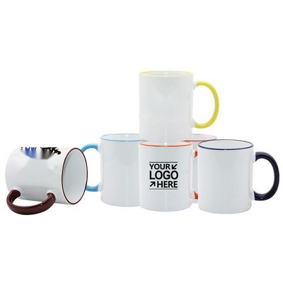 11 Oz. White Ceramic Sublimated Coffee Mug w/Colorful Rim And Handle