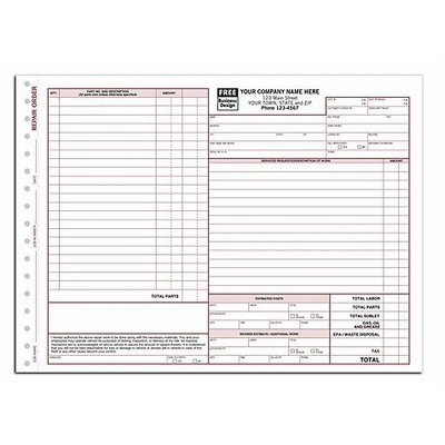 Auto Repair Order Form - Special State Clauses (3 Part)