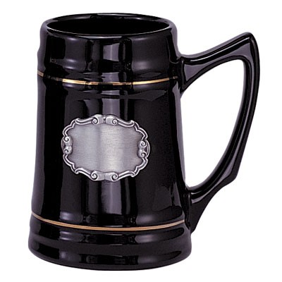 28 Oz. Black Ceramic Beer Mug w/Pewter Casting