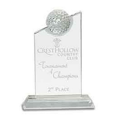 Clear Optic Crystal Award w/Inset Optic Crystal Golf Ball on Clear Base (7 1/4")