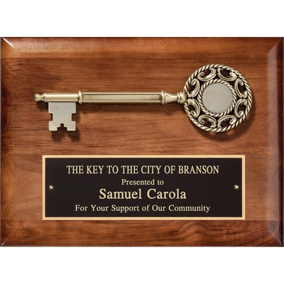 Walnut Satin Finish Plaque with Cast "Key To City" and Black Plate, 9"x12"