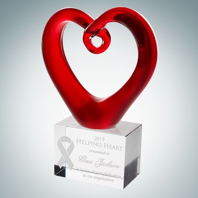 Art Glass Red Heart Award w/ Clear Base