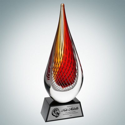 Art Glass Red Orange Narrow Teardrop Award w/ Black Base and Silver Plate