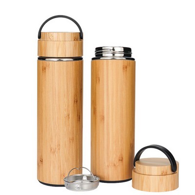 15 oz Vacuum-Sealed Bamboo Water Bottle with Plastic Handle