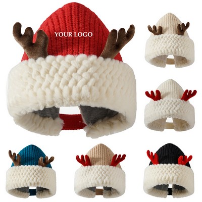 Christmas Cute Red Antler Knitted Beanie Hat