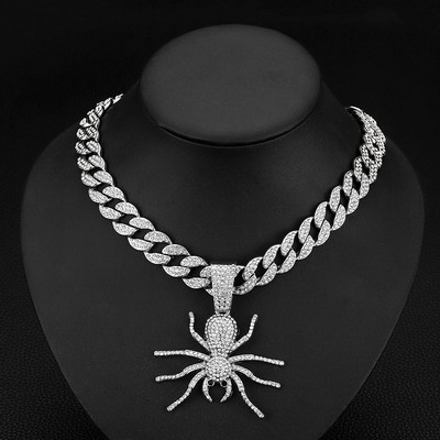 Silver Cuban Chain Silver Spider Pendant Necklace Diamond Studded Necklace