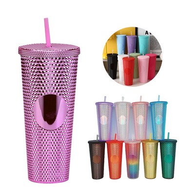 24 Oz Studded Plastic Tumbler w/Straw