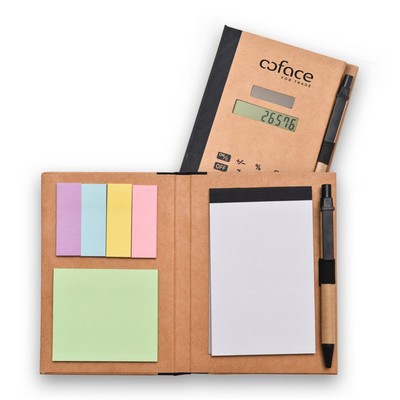 Eco-Friendly Recycled Solar Calculator Set with Pen, Notepad, Sticky Notes, and Flags – Customizabl