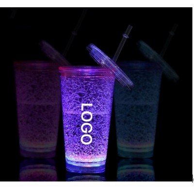 16oz LED Double-layer Plastic Tumbler with Lid and Straw