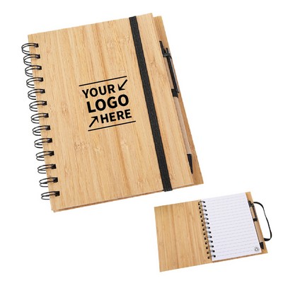 Bamboo Cover Spiral Notebook W/ Pen