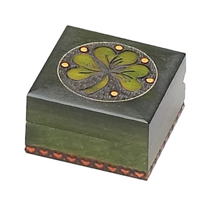 Square Wood Box w/Shamrock Accent On Lid (2 3/4"x2 3/4"x1 5/8")