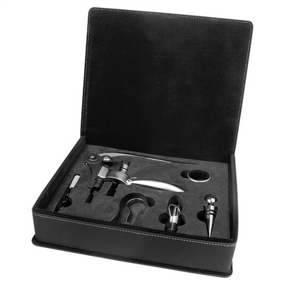 Laserable Black-Silver Leatherette 5-Piece Wine Tool Set