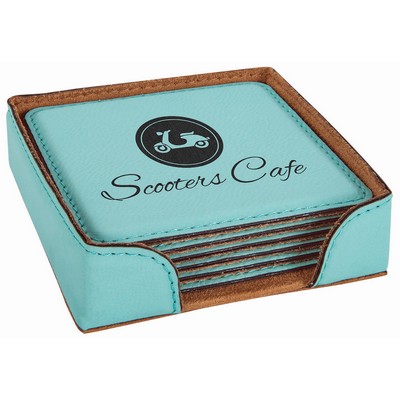 Square Teal Leatherette 6-Coaster Set (4" x 4")