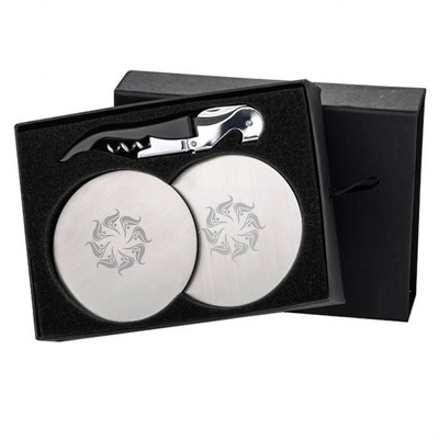 The Haydin Waiter's Corkscrew and Stainless Steel Coaster Gift Set