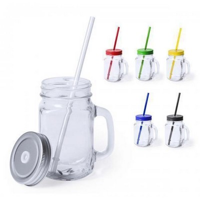 Mugs: Glass Screw Top Mason Jar Coloured Lid Matching Straw