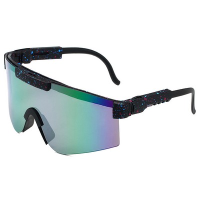 Goggle Sunglasses - Green Mirror Lenses - Black Frames