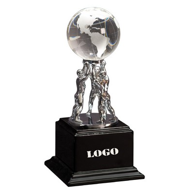 10" Clear Crystal Globe with Silver Men/Stand on Black Piano Finish Wood Base