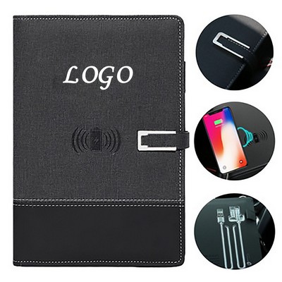 Business PU Cover Wireless Charging A5 Notebook with 8000 mAh Power Bank