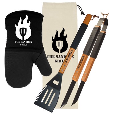 Wood BBQ Set with Mitt