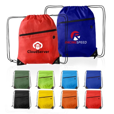 Polyester Drawstring Backpack w/Front Zipper Pocket