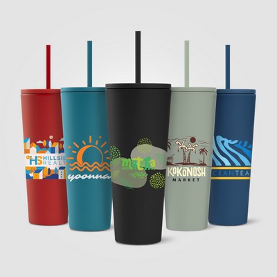 Spire - 24 oz Soft Touch Double Wall Recycled Plastic Tumbler w/ Straw - ColorJet