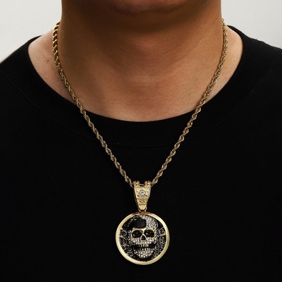 Gold Rope Chain Gold Skull Pendant Necklace Diamond Studded Necklace