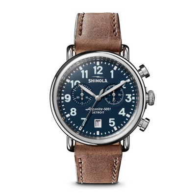 Shinola Unisex Runwell Chrono British Tan Leather Strap Watch Midnight Blue Dial