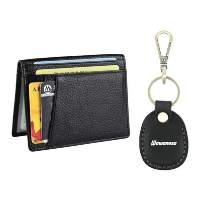 Genuine Leather RFID Wallet + Air Tag Holder Keychain - Gift Set