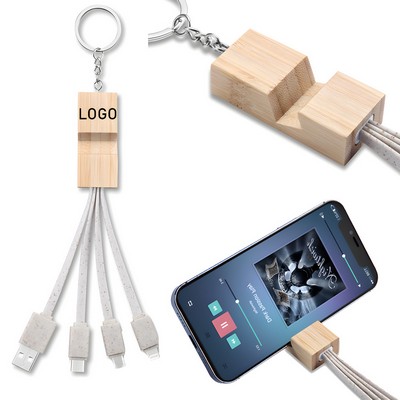 3-in-1 Eco Bamboo & Wheat Straw Keychain USB Cable w/Phone Holder Stand